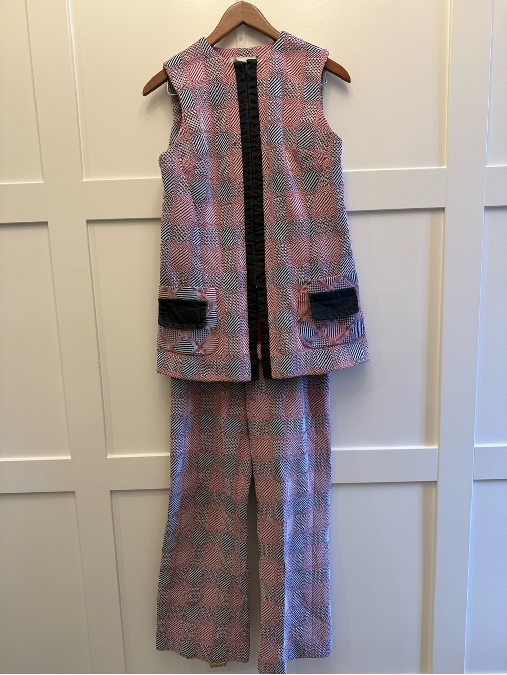 Vtg 60s 70s WORLD Knits 2 Pc Vest & Pants Suit Set Patchwork Mod Flared Sz 12 - Picture 5 of 15